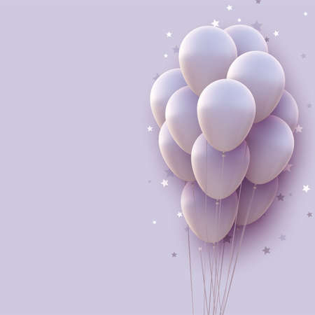 Bunch of matt white balloons with threads on white background. Stars confetti. Space for text. Vector festive illustration.のイラスト素材