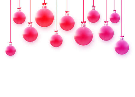 Red christmas tree balls hanging on pink and red ribbons with bow on white background. Vector holiday illustration.のイラスト素材