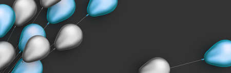 Silver and blue foil balloons with threads on black background. Space for text. Vector festive illustration.のイラスト素材