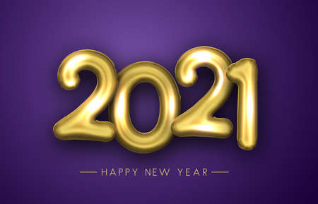 Golden foil balloon 2021 sign on violet background. Happy new year sign. Vector holiday illustration.のイラスト素材