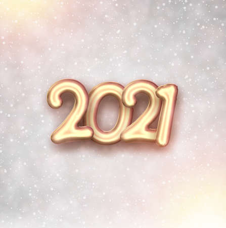 Golden foil balloon 2021 sign on dark and yellow blurred background. Vector holiday illustration.のイラスト素材