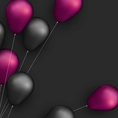 Pink black foil balloons with threads on black background. Space for text. Vector festive illustration.のイラスト素材