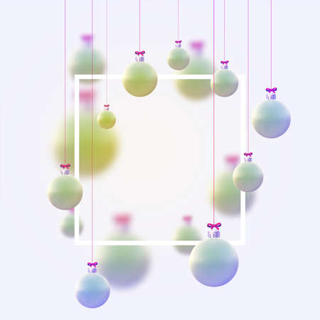 Matt light green and blue christmas balls hanging on pink ribbons with bow. Space for text. Vector festive illustration.のイラスト素材
