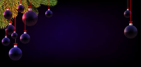 Matt dark blue and violet christmas baubles with green spruce branches. Black background. Vector festive illustration.のイラスト素材