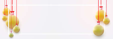 Matt light green and yellow christmas balls hanging on red ribbons with bow. Space for text. Vector festive illustration.のイラスト素材