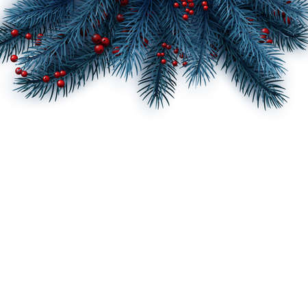 Christmas blue fir background with red berries and space for text. Vector illustration.のイラスト素材