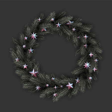 Green spruce wreath with stars. Winter christmas decoration for cards, flyers, banners, posters. Vector illustration.のイラスト素材
