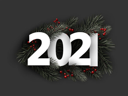 2021 green fir branches with red holly berries. Dark grey background. Vector illustration.のイラスト素材