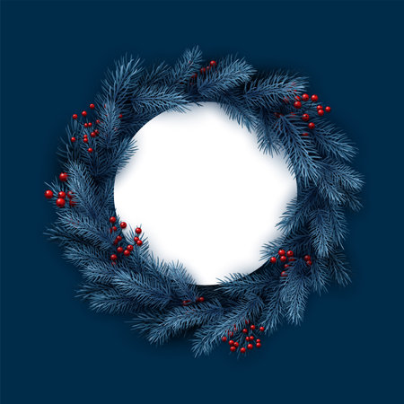 Blue spruce branches with red berries. White round frame. Christmas wreath. Vector holiday illustration.のイラスト素材