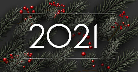 2021 green fir branches with red holly berries. Vector holiday illustration.のイラスト素材