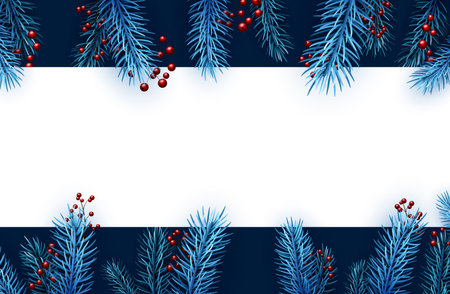 Beautiful blue spruce branches with red holly berries. Template for banners, posters. Vector holiday illustration.のイラスト素材