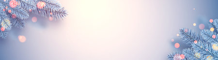 Frosted blue spruce branches. Bokeh lights. Space for text. Banner template. Vector illustration.のイラスト素材
