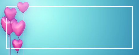 Turquoise horizontal banner with realistic 3d heart balloons. Vector illustration.のイラスト素材