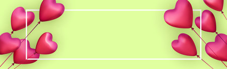 Green horizontal banner with realistic 3d pink heart balloons.  Vector illustration.のイラスト素材