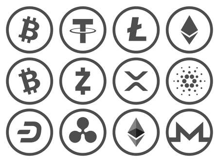 Set of cryptocurrency flat black and white icons collection. Vector illustration.のイラスト素材
