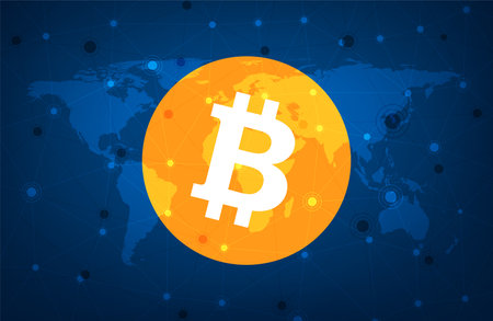 Bitcoin cryptocurrency. Abstract wireframe global mesh background. Vector illustration.のイラスト素材