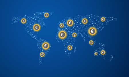 Polygonal world map with yellow euro coin signのイラスト素材