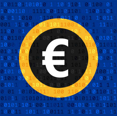 Big yellow euro sign on blue binary code background. Vector illustration.