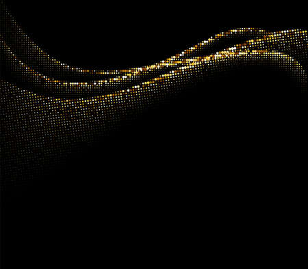 Abstract golden halftone waves pattern on black background. Curved lines. Vector illustration.のイラスト素材