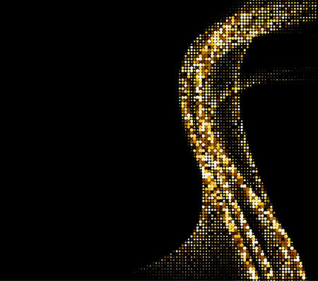 Abstract golden halftone dotted waves pattern on black background. Curved lines. Vector illustration.のイラスト素材