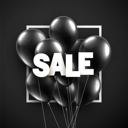 Black balloons with white sale sign. Square frame. Vector illustration.のイラスト素材