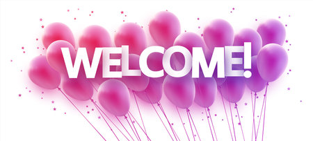 Bunch of violet gradient balloons with stars confetti. Welcome sign. Vector festive illustration.のイラスト素材