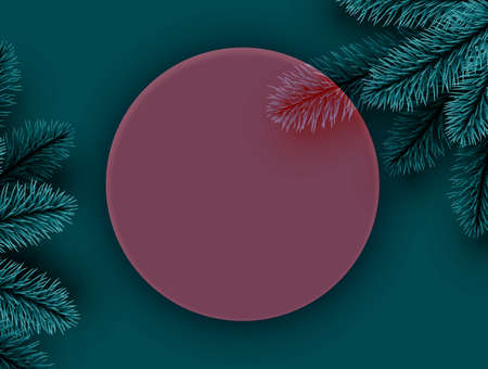 Red semi-transparent new year frame background. Spruce branch. Space for text. Vector winter holiday illustration.のイラスト素材