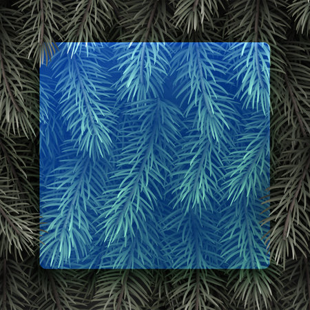 Blue semi-transparent new year background. Spruce branch. Space for text. Vector winter holiday...