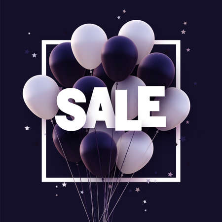 Dark violet and white balloons with white sale sign. Stars confetti. Vector illustration.のイラスト素材