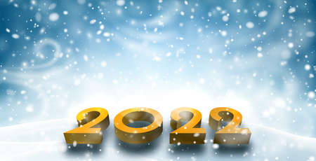 Yellow 2022 sign lying on snowdrift. Snowy cold night. Vector holiday illustration.のイラスト素材