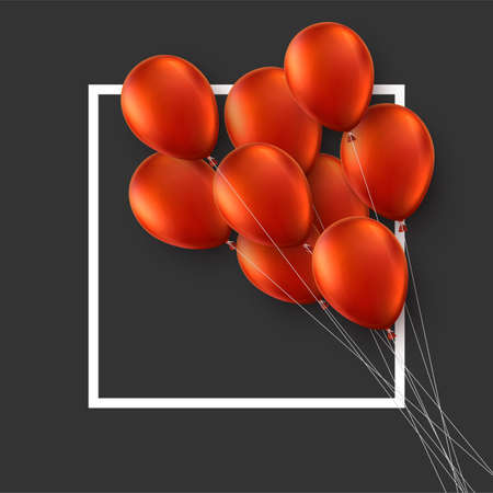 Bunch of red balloons with square frame. Black background. Space for text. Vector festive illustration.のイラスト素材