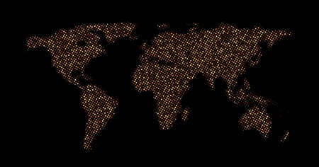 Golden halftone dotted world map. Lights at night. Vector illustration.のイラスト素材