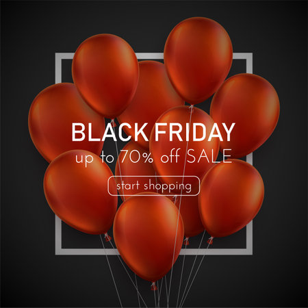 A bunch of red balloons with black friday sign. Vector illustration.のイラスト素材
