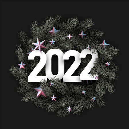 2022 Christmas fir wreath with stars. Vector holiday illustration.のイラスト素材