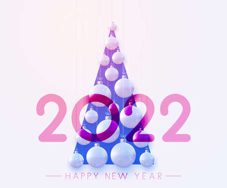 2022 sign ver hanging beautiful blue Christmas baubles. Christmas tree triangle silhouette. Vector...