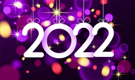 Hanging 2022 new year violet bokeh background. Vector holiday illustration.