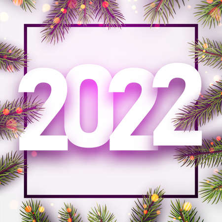 2022 Christmas green fir branches with bokeh lights. Square frame. Vector festive illustration.