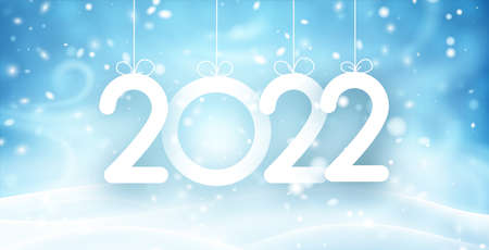 Hanging 2022 on blue snowy night banner background. Vector holiday illustration.