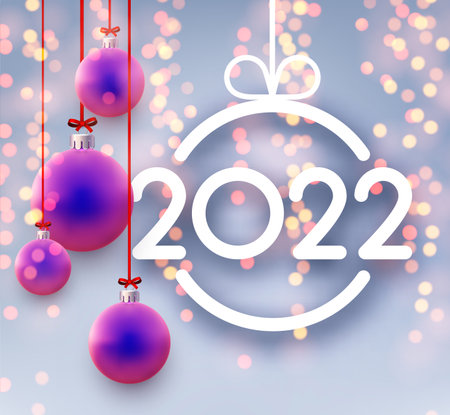 2022 sign with hanging beautiful Christmas balls. Christmas bauble silhouette frame. Bokeh lights. Vector festive illustration.のイラスト素材