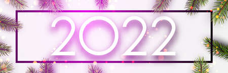 2022 Christmas green fir branches with bokeh lights. Square frame. Vector festive illustration.