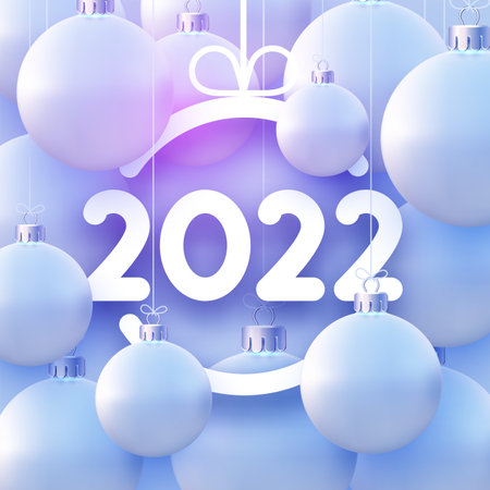 2022 sign with hanging beautiful blue Christmas balls. Christmas bauble silhouette frame. Vector festive illustration.のイラスト素材