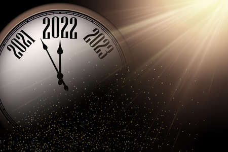 Creative clock hands showing 2022 year. Bright light rays on black background. Vector holiday...