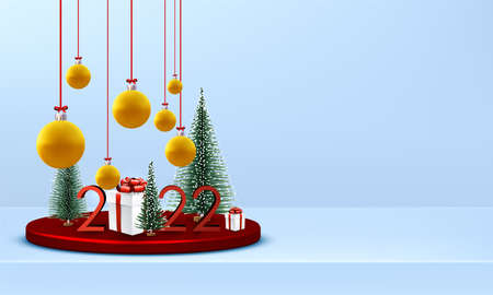 2022 Christmas round stage, podium, pedestal, platform. Snowy firs, gift box, hanging bauble. Vector...