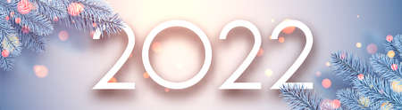 2022 Christmas blue frozen spruce branches. Banner with bokeh lights. Vector festive illustration.のイラスト素材