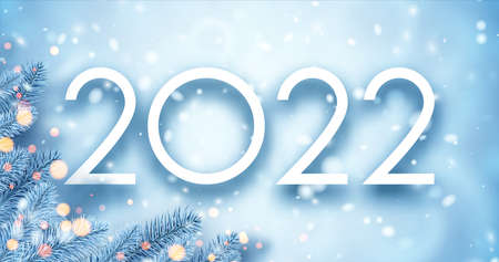 2022 Christmas blue frozen spruce branches in corner. Bokeh lights. Vector festive illustration.