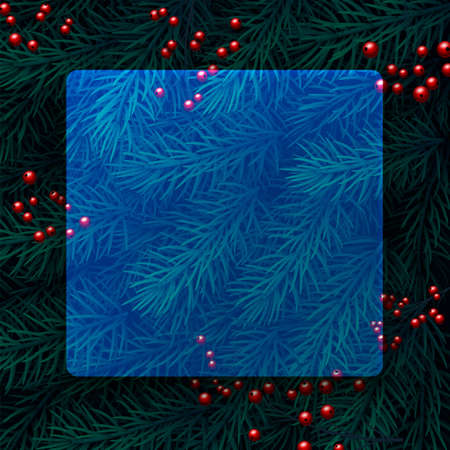 Blue semi-transparent new year background. Spruce branch with red berries. Space for text. Vector winter holiday illustration.のイラスト素材