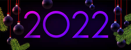 2022 sign with beautiful dark purple hanging Christmas bauble. Spruce branches. Vector festive...