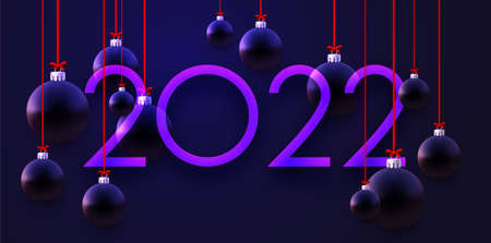 2022 sign with beautiful dark purple hanging Christmas bauble. Vector festive illustration.