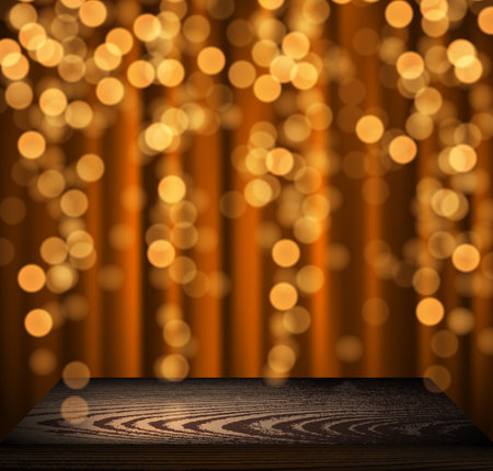 Empty wooden table top with orange bokeh lights. Vector holiday illustration.のイラスト素材
