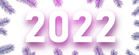 Pink 2022 sign in Christmas pine branches frame. Vector festive illustration.